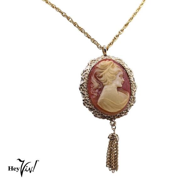 Vintage Cameo Pendant Necklace w Ornate Frame and Tassel 23" Chain - Hey Viv - Picture 1 of 5